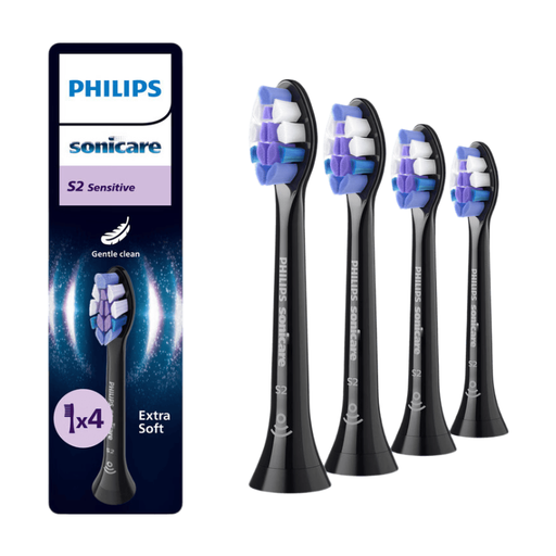 Philips Sonicare HX6054/88 S2 Sensitive Original Replacement Brush Heads, Black, 4-Pack