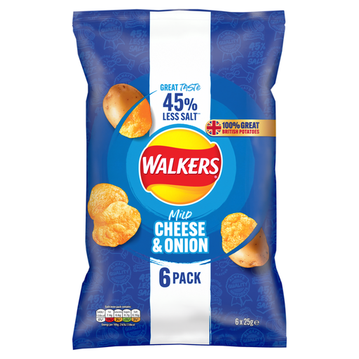Walkers 45% Less Salt Mild Cheese & Onion, 6 × 25g