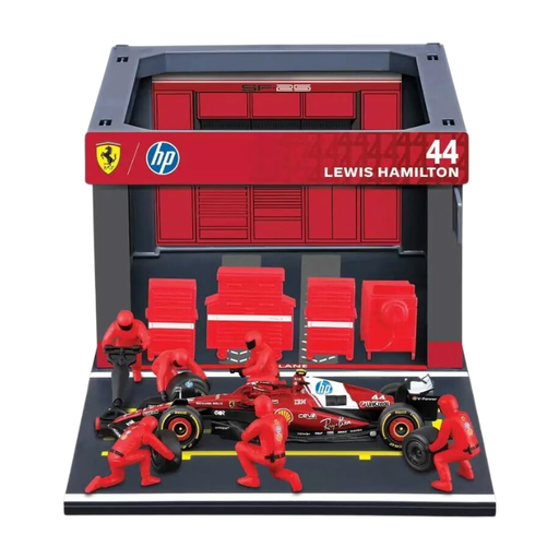 1/43 BBURAGO Pit-Stop Ferrari SF 25 (véhicule + Figurines mécaniciens + Paddock + Accessoires) #44 Hamilton