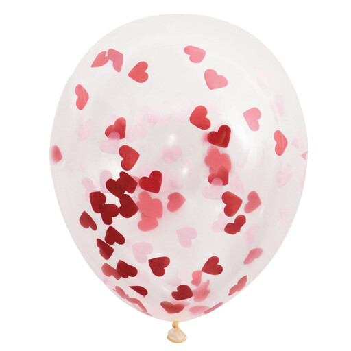 Clear balloons filled with red and pink heart-shaped confetti