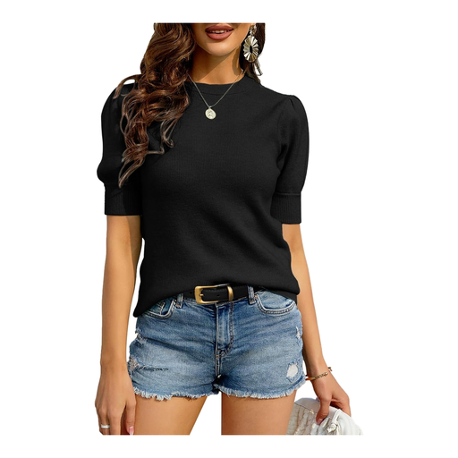 Women's Puff Short Sleeve Sweaters Pullover Shirt Tops Crew Neck Lightweight Knit Sweater Blouses Black S