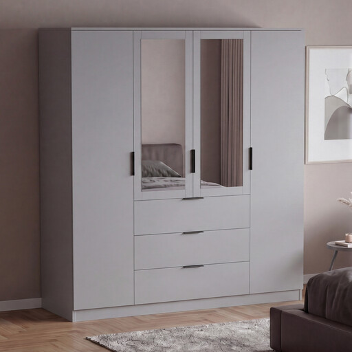 Vida Designs Trega 4 Door 3 Drawer Mirrored Wardrobe, Grey