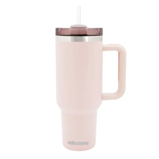 Milestone Travel Mug & Straw with Handle Stainless Steel Double Walled Pink 1200ml