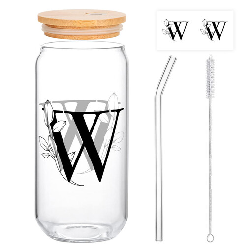Alphynix Glasbecher mit Monogramm W, Bambusdeckel und Strohhalm