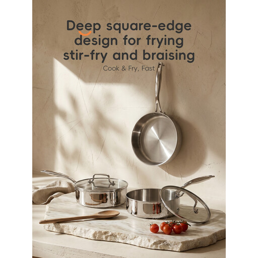 PURECOOK Tri-Ply 304 stainless steel frying pan, 20 cm, with lid