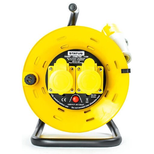 STATUS Metal Frame Cable Reel 2 Sockets Thermal Cut Out 16Amp 25 Metres - Yellow