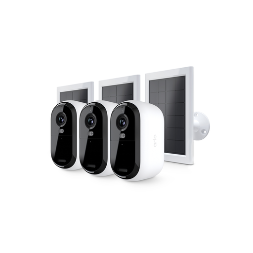 Arlo Essential 2K 3-pack outdoor security cameras with three solar panels