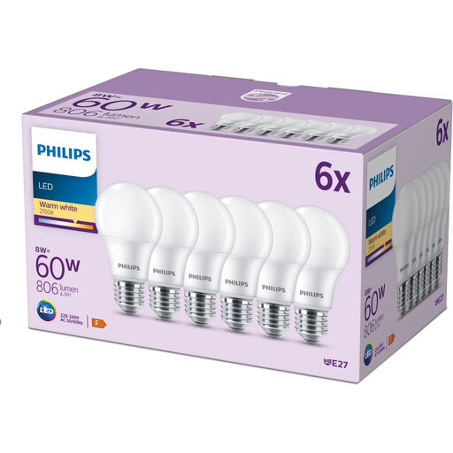 Philips LED Bulb Matte 60 W E27 Warm White 6-Pack