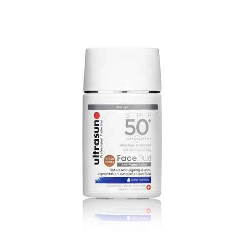 Ultrasun Face Fluid Anti Pigmentation Tinted SPF50+ in a white and bronze bottle
