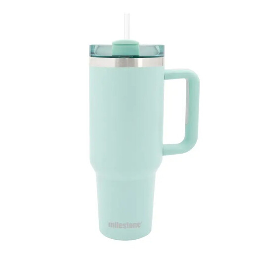 Milestone Travel Mug & Straw with Handle Stainless Steel Double Walled Mint Green 1200ml