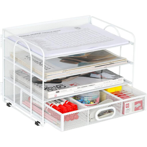 Senhoglb 4 Tier Desktop A4 Mesh File Holder with Drawer in white