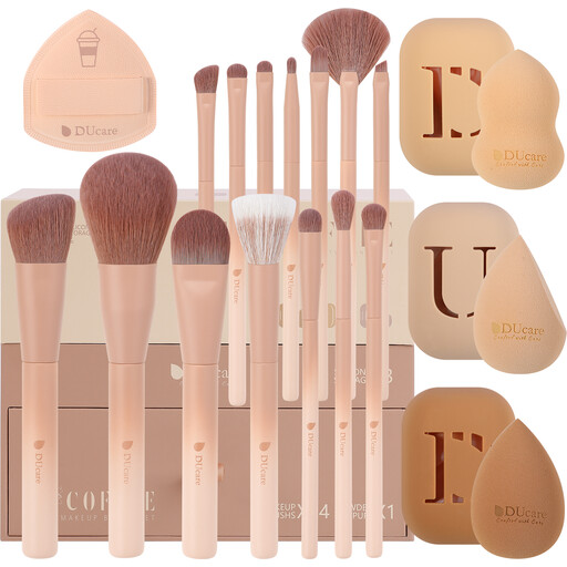 DUcare The Coffee Series Luxury Makeup Brushes 14pcs and 3pcs Makeup Sponges