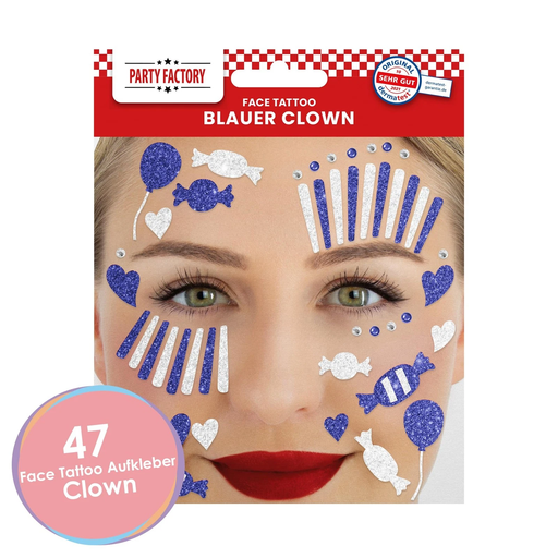 Blue and White Clown Glitter Face Tattoo