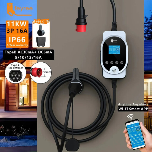 feyree Type2 EV Charger 11kW 16A 3P Portable Car Charger