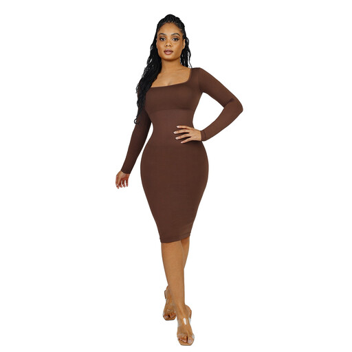 Feelingirl Women Seamless Square Neck Long Sleeve Arm Shaper Thummy Control Recycled Standard Shaping Dress XL/XXL Brown