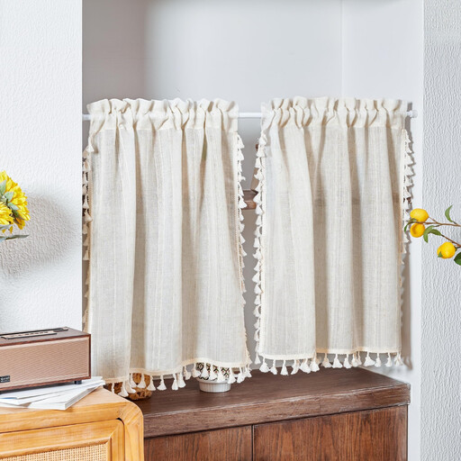 Deconovo Vertical Striped Linen-like Embroidered Edge Cafe Curtain
