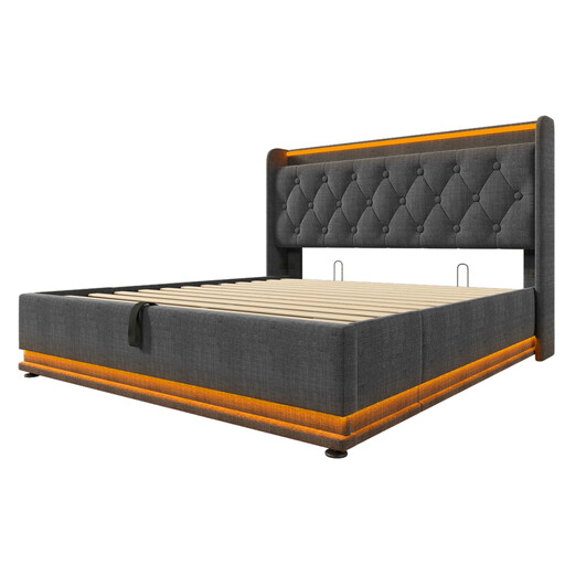 URBAN MEUBLE LED Ottoman Bed Frame King Size 5ft Hydraulic Storage Linen Grey with USB Charging