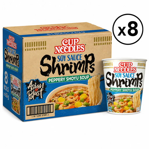 NISSIN Instant Noodles Cup Soy Sauce Shrimp, box of 8 × 63 g cups