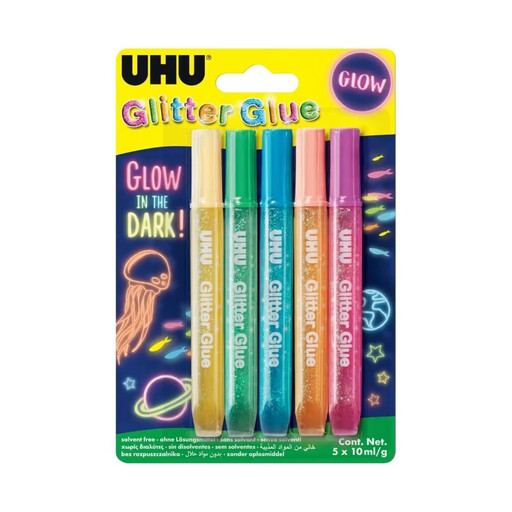 UHU Glitter Glue Glow-in-the-Dark 5 x 10 ml