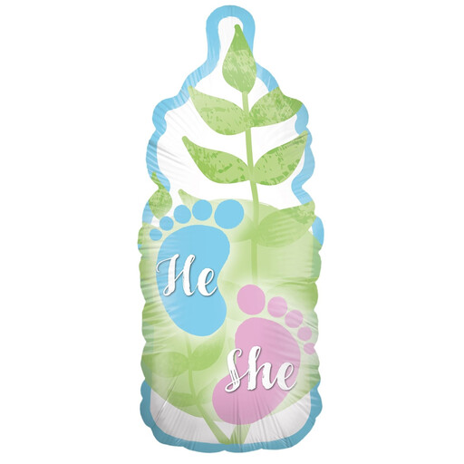 Party Factory He She Foil Balloon, Baby Bottle, Green, Helium Suitable, Gender Reveal Decor, Air Balloon for Baby Shower and Birth