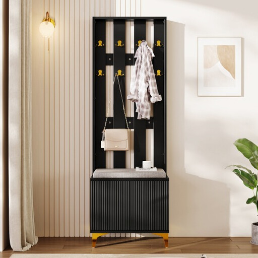 Wardrobe Set with Shoe Bench and Cushion, Wardrobe Front with Hooks