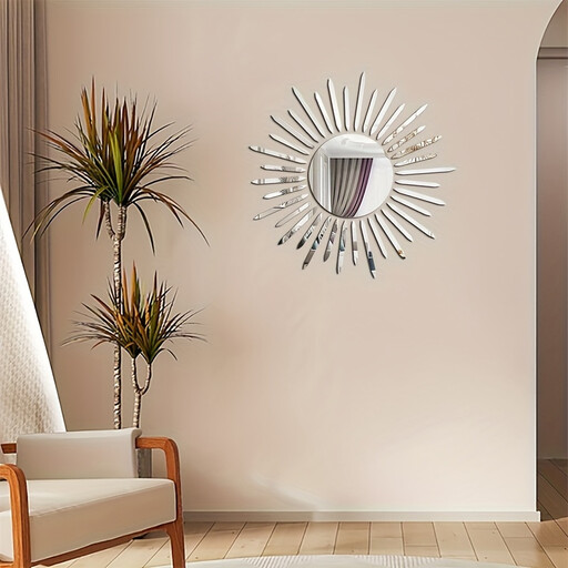Silver mirror wall stickers arranged in a sunrise or fan pattern