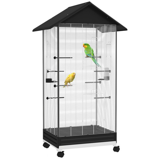 Large Indoor Bird Cage on Stand, Rolling Bird Aviary with 2 Feeders and 8 Steel Wire Perches, Black, for Parrots, Parakeets and Canaries, Ideal for Living Rooms and Balconies, Sturdy Material, 79 x 65 x 155 cm, T1003-01-10473