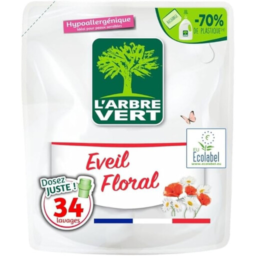 L'ARBRE VERT Eveil Floral Liquid Laundry Detergent Refill, Hypoallergenic, EU Ecolabel, Floral Scent, 34 Washes, 1.53 L