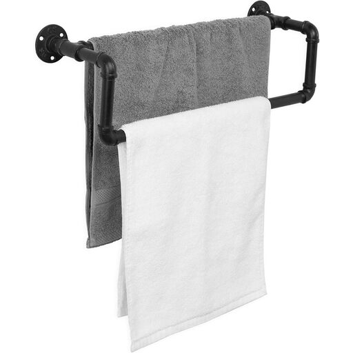 MyGift Industrial Metal Matte Black Towel Bar with Realistic Pipe Design， 2 Tier Wall Mount Bathroom Fixtures Bath Towel Rack