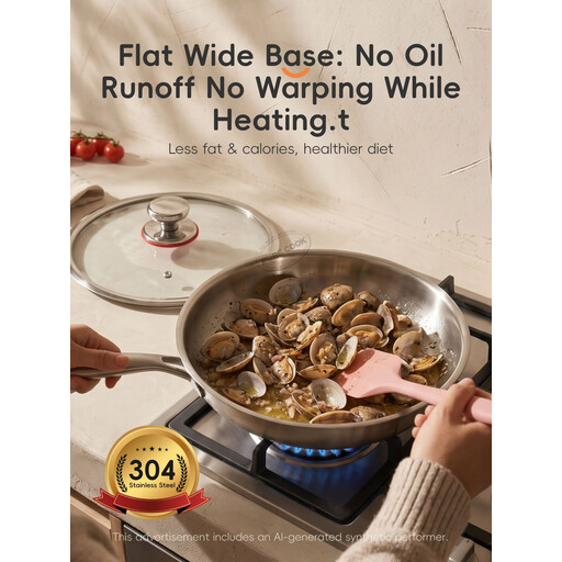 PURECOOK Tri-Ply 304 stainless steel frying pan with lid
