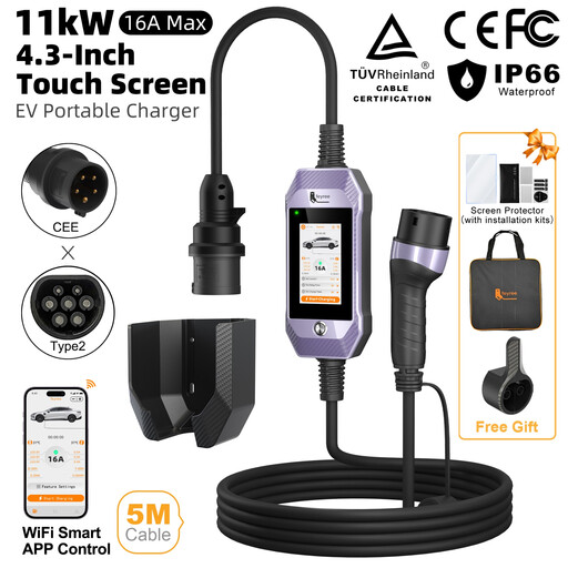 feyree Portable EV Charger Type2 16A 11kW 3 Phase 4.3'' Touch Screen Smart APP Wi-Fi Control History Charging Log for EV Cars