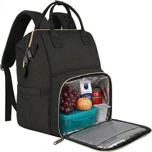 Black travel lunch backpack with insulated compartment