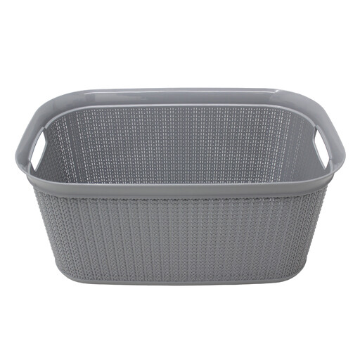 A grey plastic laundry basket with a knit-effect design and loop handles