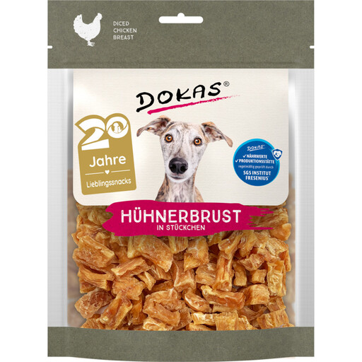 DOKAS – Chicken Breast Pieces 170g – Premium Dog Treats – High-Protein (57%), Grain-Free, No Added Sugar – Certified Humane Chicken