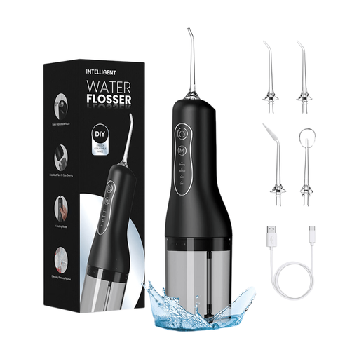 Sunluxy Portable Wireless Water Flosser – 140PSI High-pressure Pulsed Water Stream, 4 Modes, 260ml Detachable Tank, 50-Day Battery Life, Smart Memory Function, Equipped with 3 Types of Nozzles, Lightweight Design for Travel, L5 Black