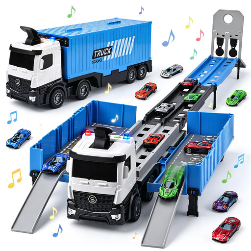 Portable Blue Transport Truck Toy Set with 8 Diecast Race Cars
