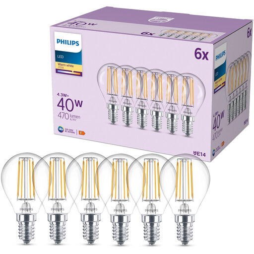 Philips Transparent LED Bulb - 40W - E14 Base - Warm White (2700K) - Pack of 6