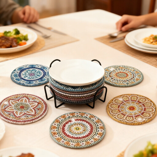 JU7CER 6-Piece Diamond Painting Coaster Set (with Stand) - DIY Mandala Diamond Art