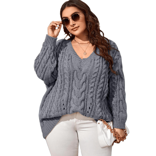 Women Plus Size V Neck Cable Knit Sweater Long Sleeve Oversized Hollow Out Pullover Casual Fall Winter Top SIZE XL Grey