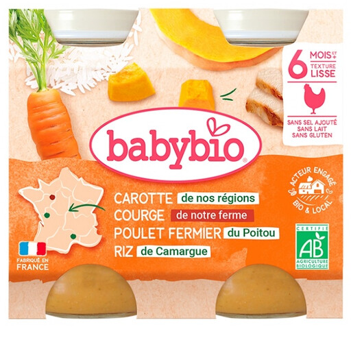 BABYBIO carrot, butternut squash, chicken and rice jars, from 6 months, 2 × 200 g