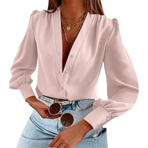 Women's Business Casual Tops Summer Long Sleeve Silk Button Down Shirts V Neck Chiffon Blouses (Pink， S)
