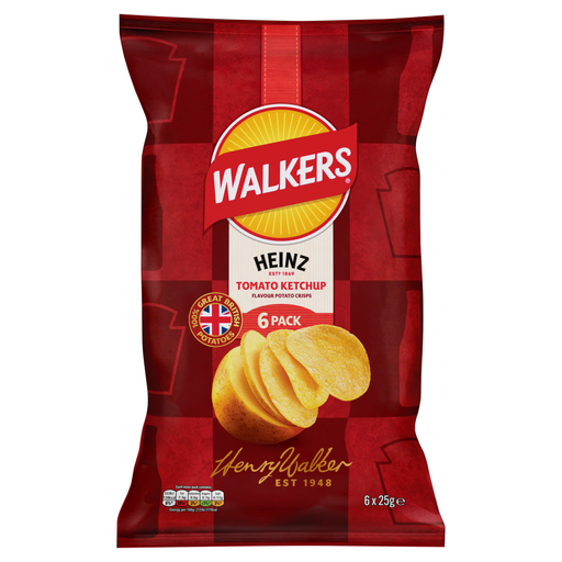 Walkers Heinz 番茄酱味薯片 6 袋装，每袋 25g