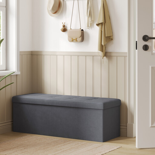 JOYFURNOS Dark Grey Foldable Velvet Storage Bench with Storage Boxes