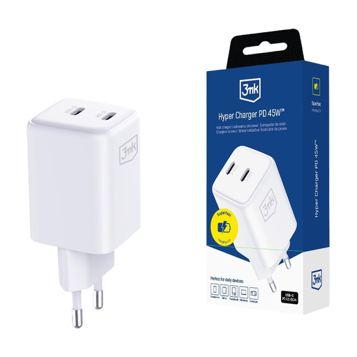 3mk Hyper Charger PD 45W QC4+ PPS 2C Super-Fast Charge 2.0 Wall Charger - White
