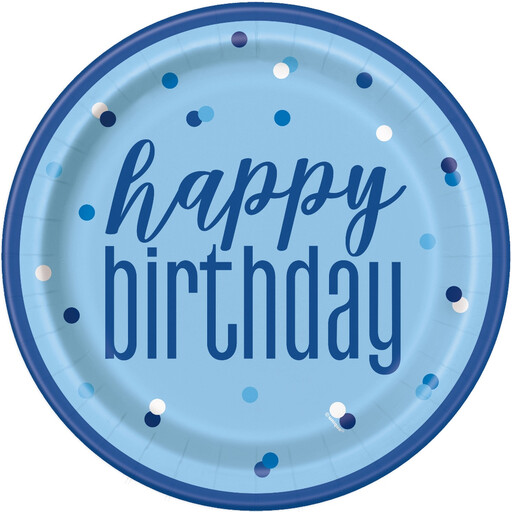 A pack of blue and silver birthday paper plates with a polka dot design