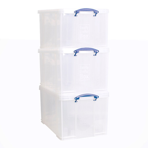 A clear 84L Really Useful Plastic Storage Box with a blue lid and handles