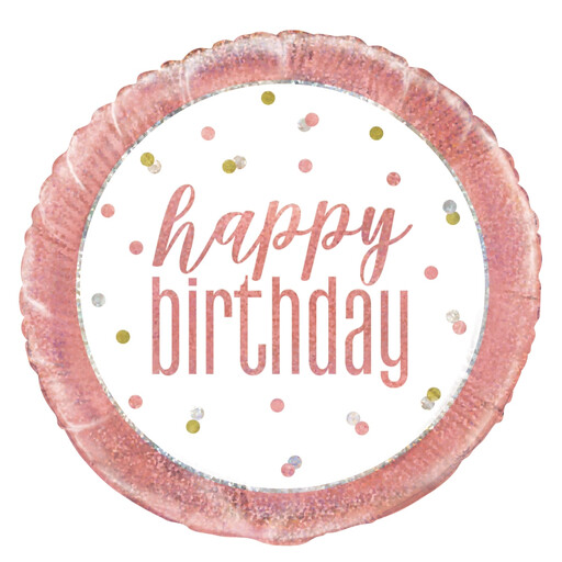 A round rose gold foil balloon with "Happy Birthday" text