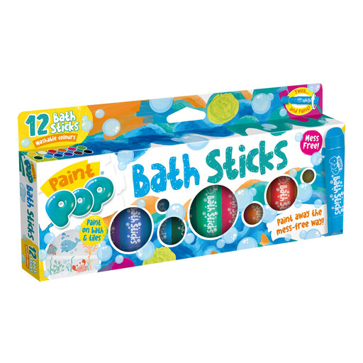 A 12-pack of colourful, chunky bath crayons in their packaging.