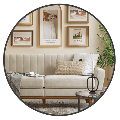 Round Metal Frame Wall Mirror Ink Black Modern Easy to Install 61cm