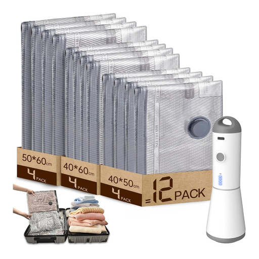 HOMOH 12-pack of vacuum bags with cordless pump